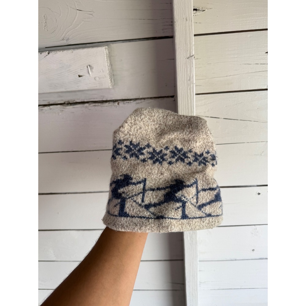 Vintage Ski Pattern Knit Beanie Oatmeal Navy Blue Fair Isle Winter Hat Mens